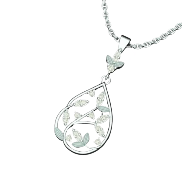 Angled view of the Tribhanga floral teardrop necklace showing the setting and enamel work.