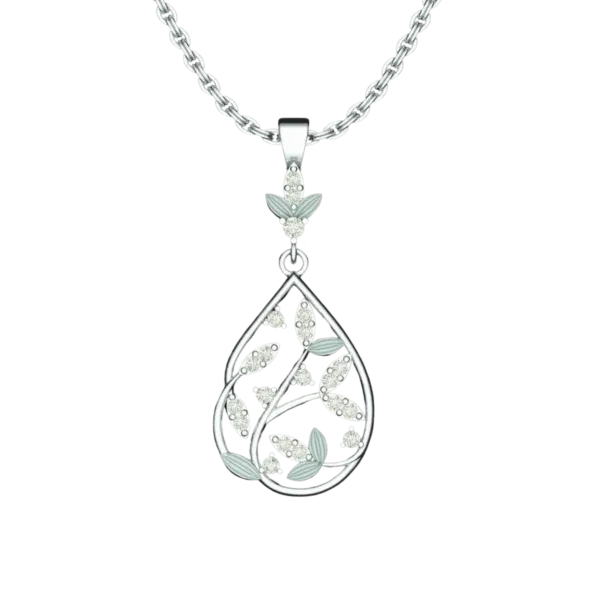 Front view of the Tribhanga floral teardrop necklace with vine and enamel leaf details.