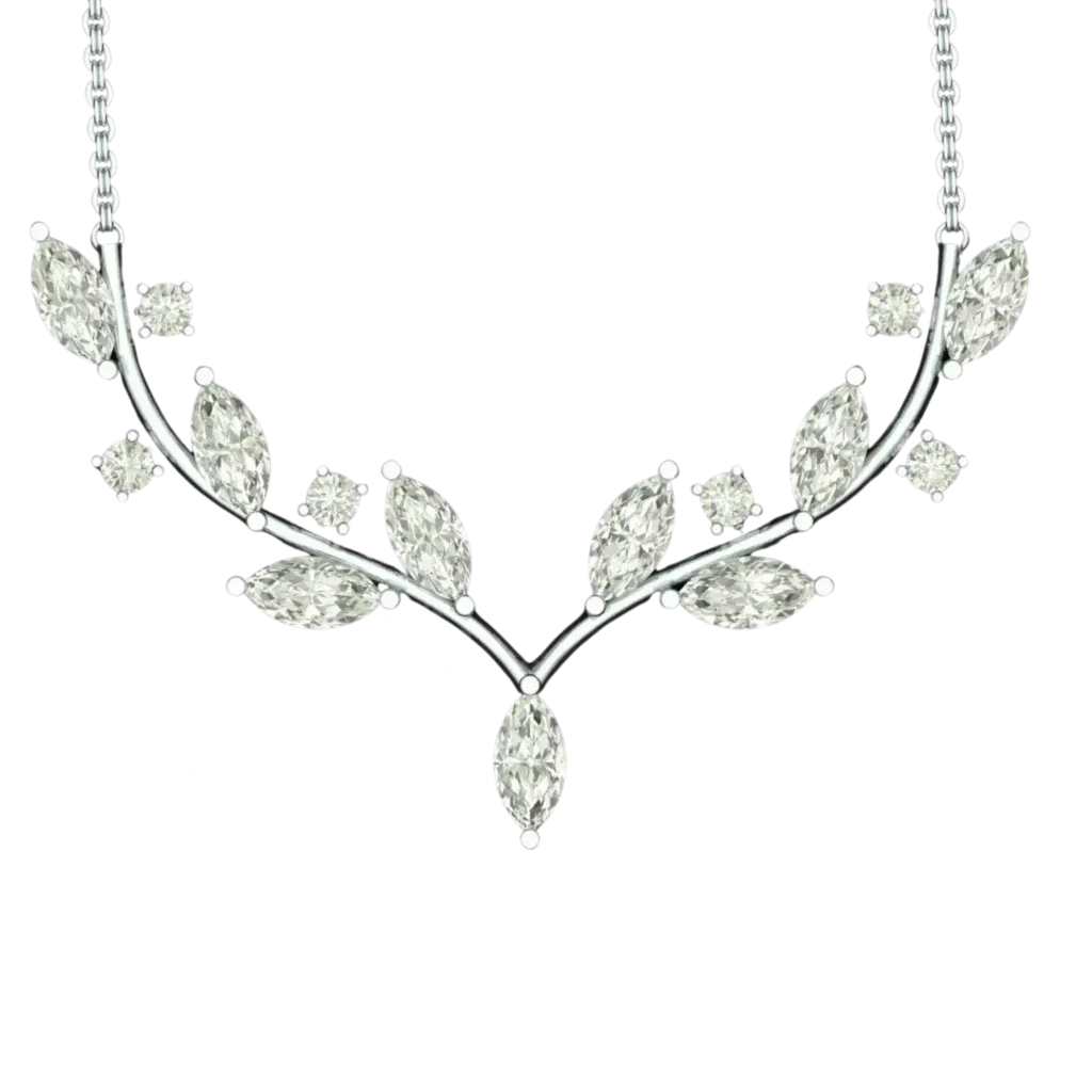 Front view of the Tribhanga diamond pendant necklace featuring a V-shaped bar and floral marquise drop.