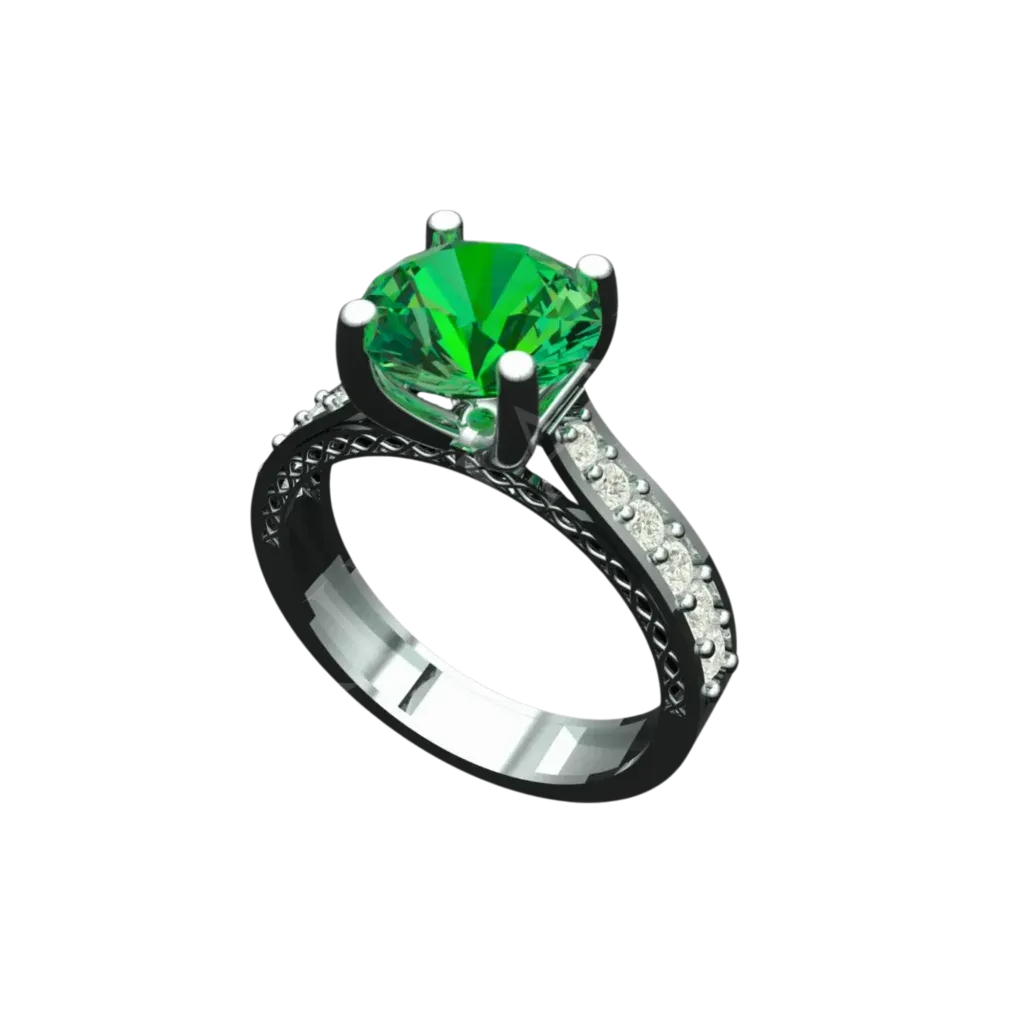 Angled view of the Tribhanga round emerald ring showing the side scroll details.