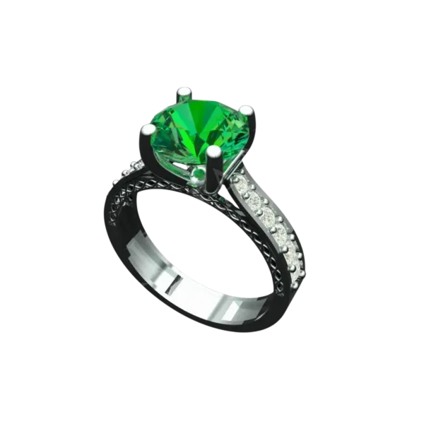 Angled view of the Tribhanga round emerald ring showing the side scroll details.