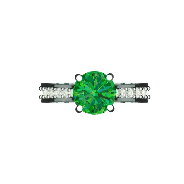 Top view of the Tribhanga round emerald ring displaying the center stone.
