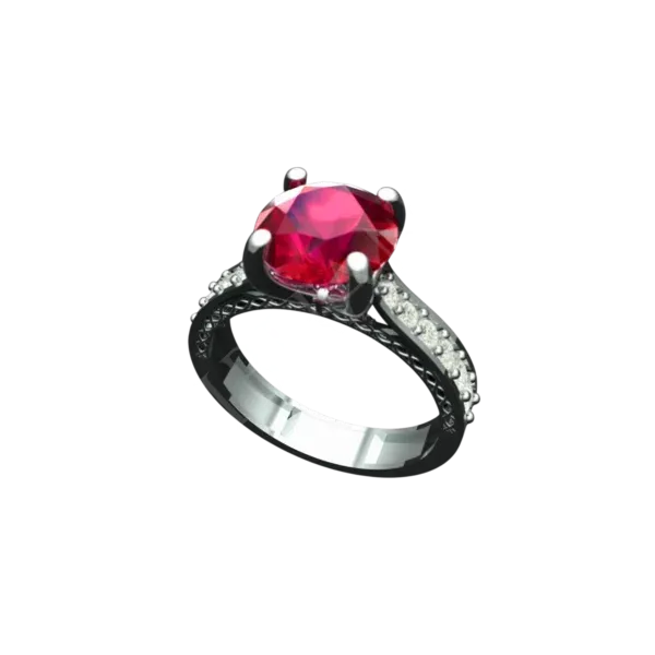 Angled view of the Tribhanga round ruby ring showing the side scroll details.