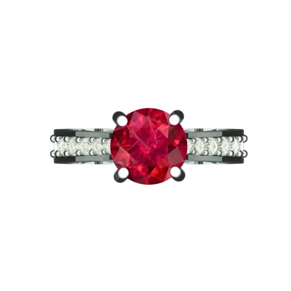 Top view of the Tribhanga round ruby ring displaying the center stone.