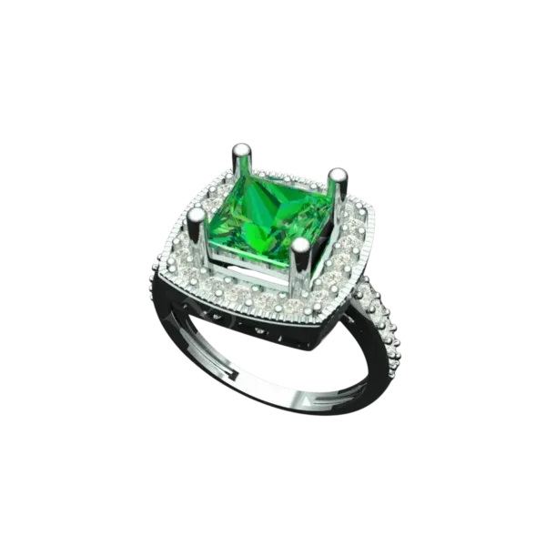 Angled view of the Tribhanga square emerald ring showing the princess cut stone and setting.