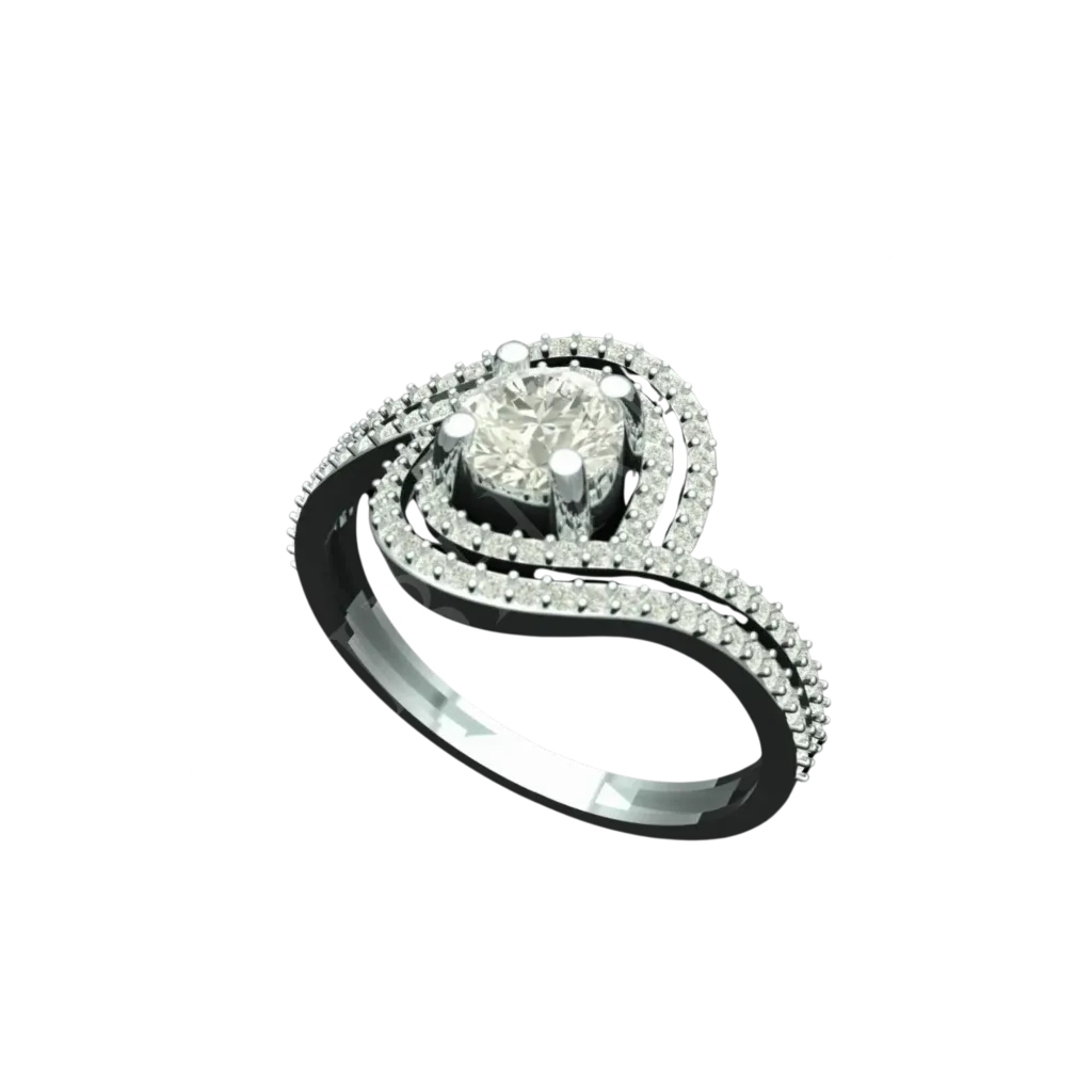 Angled view of the Tribhanga swirl diamond ring showing the bypass band design.