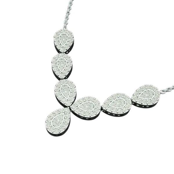 Angled side view of the Tribhanga Teardrop White Gold Necklace, highlighting the pave cluster setting and central drop against a dark background.