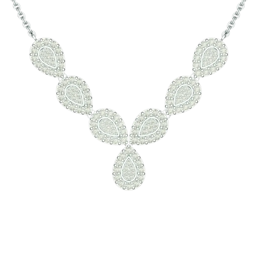 Full frontal view of the Tribhanga Teardrop White Gold Necklace, showing the complete symmetrical Y-drop design on a light grey background.