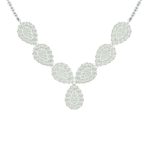 Full frontal view of the Tribhanga Teardrop White Gold Necklace, showing the complete symmetrical Y-drop design on a light grey background.