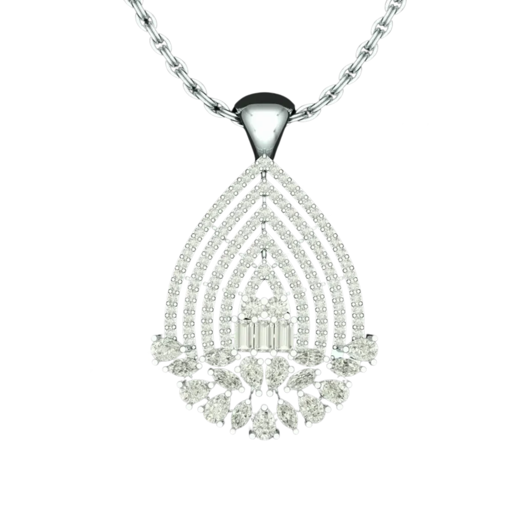 Front view of the Tribhanga tiered diamond pendant with concentric layers and baguette center.