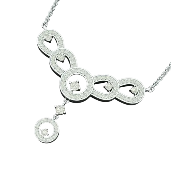 Angled view of the Tribhanga white gold diamond necklace displaying the setting quality.