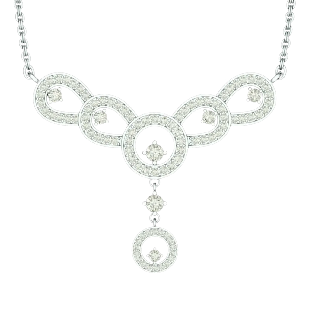Front view of the Tribhanga white gold diamond necklace showing the filigree and drop design.