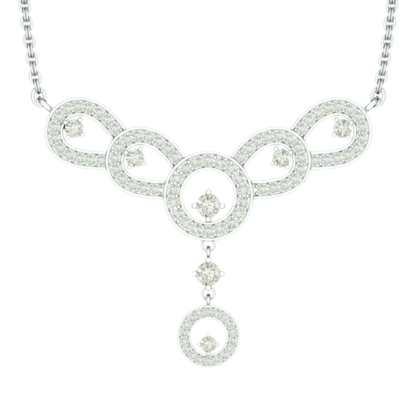 Front view of the Tribhanga white gold diamond necklace showing the filigree and drop design.