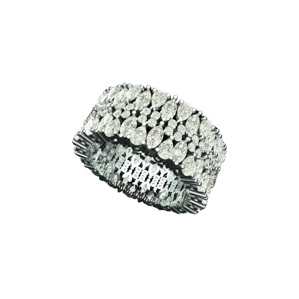 Angled view of the Tribhanga wide diamond ring showing the multi-row setting.