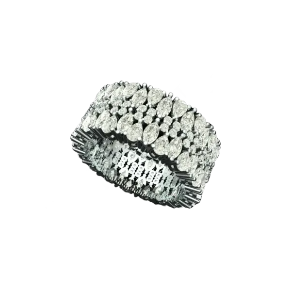 Angled view of the Tribhanga wide diamond ring showing the multi-row setting.